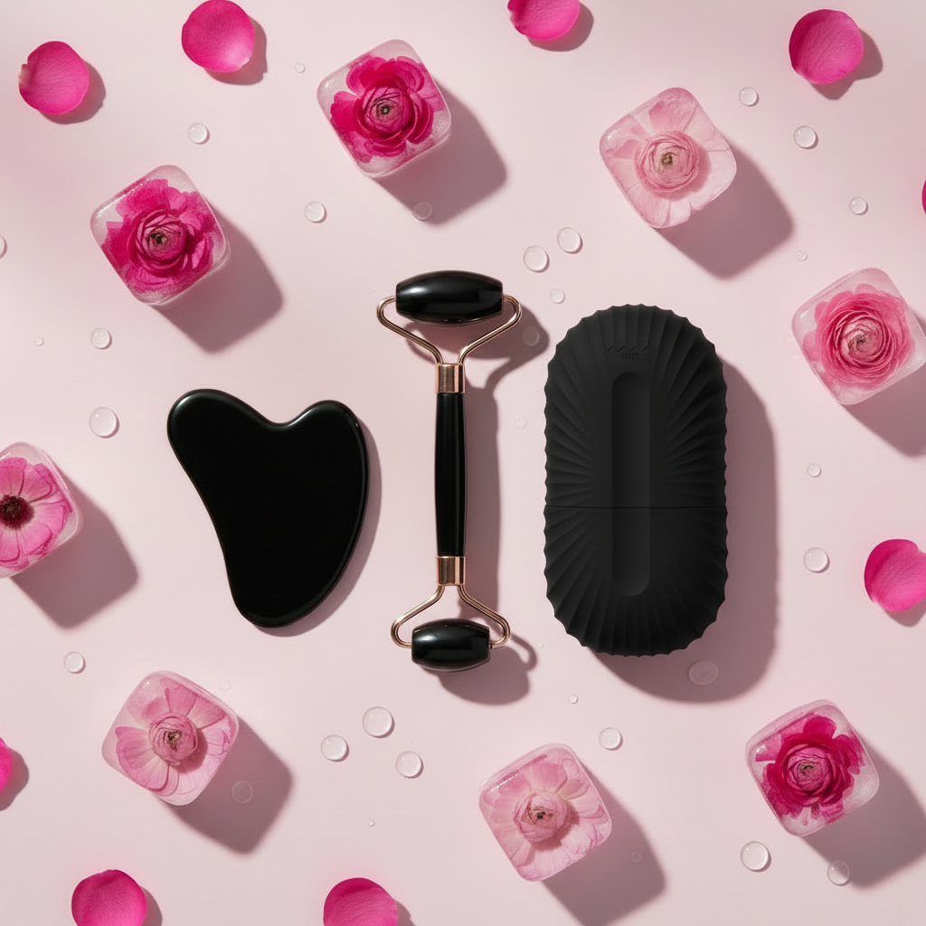 3-in-1 Gua Sha Bundle - All Black - Pink Floral Ice