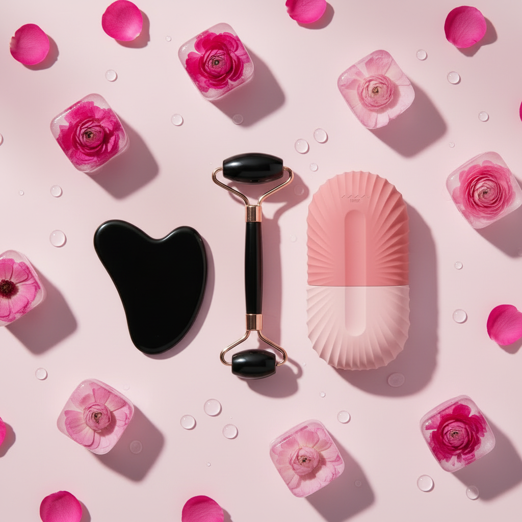3-in-1 Gua Sha Bundle - Pink Floral Ice Flatlay
