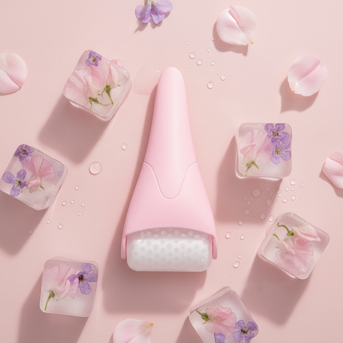 Chill & Glow Facial Roller - Light Pink & Purple Ice Flatlay