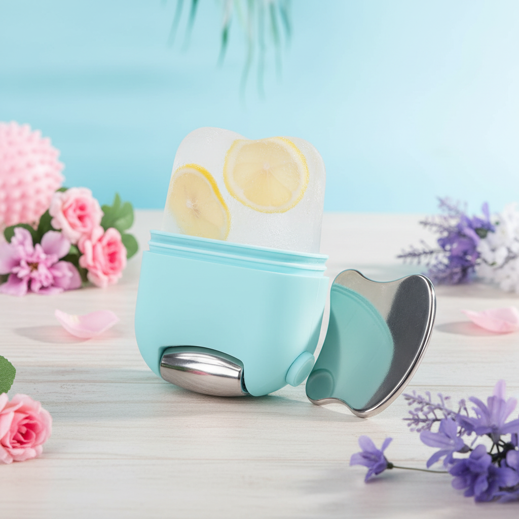 2-in-1 Ice Facial Roller with Gua Sha - Blue with lemon and flowers