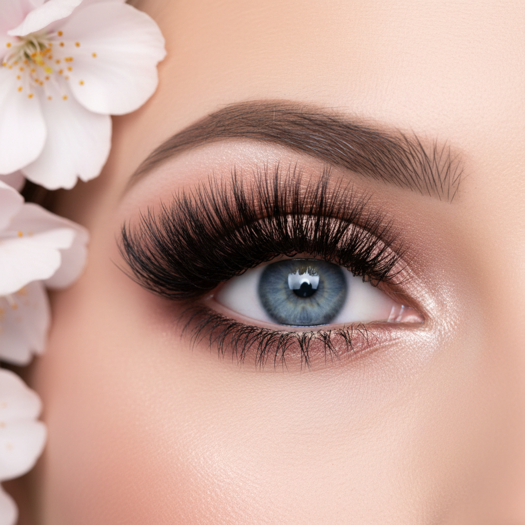 Close up of beautiful blue eye with fluffy voluminous black eyelash clusters