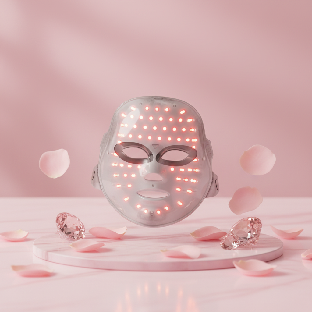 LED Light Therapy Face Mask on pink marble with rose petals