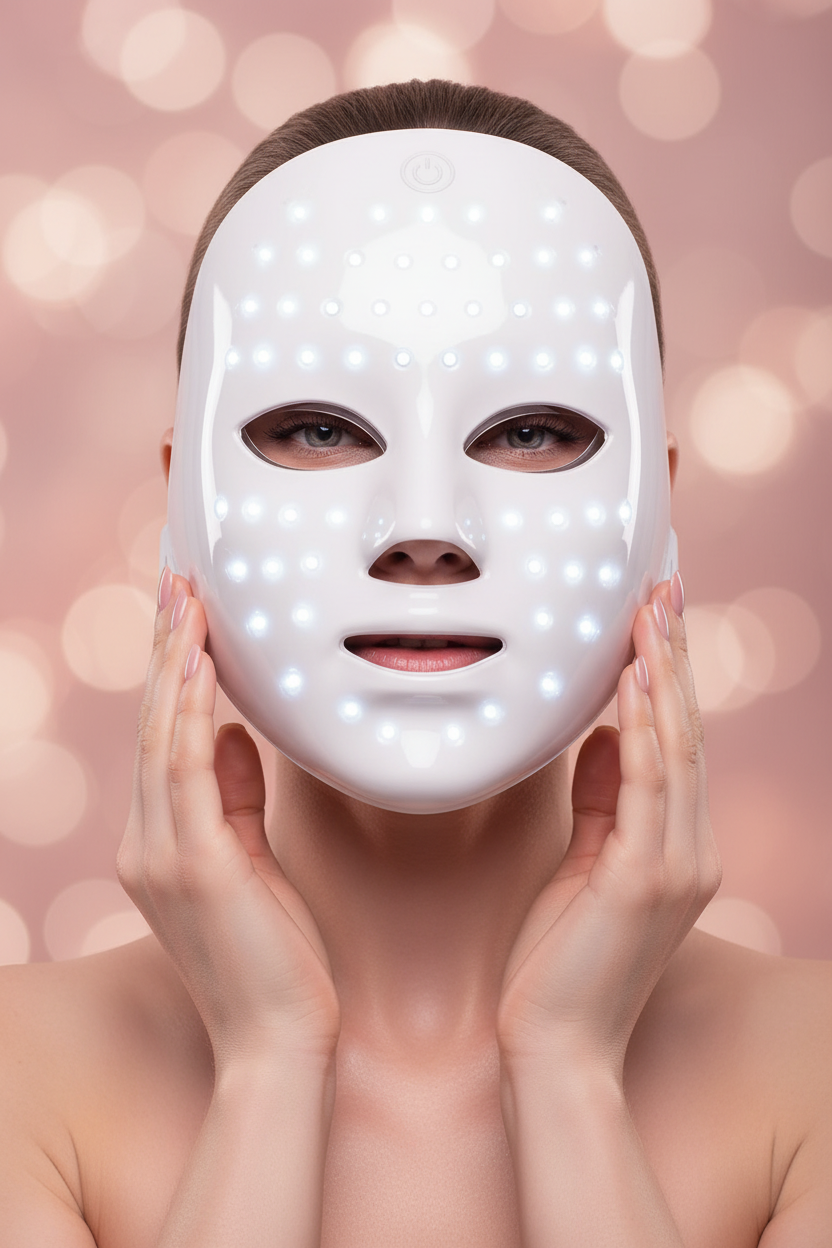Woman wearing LED Light Therapy Face Mask with soft pink lighting