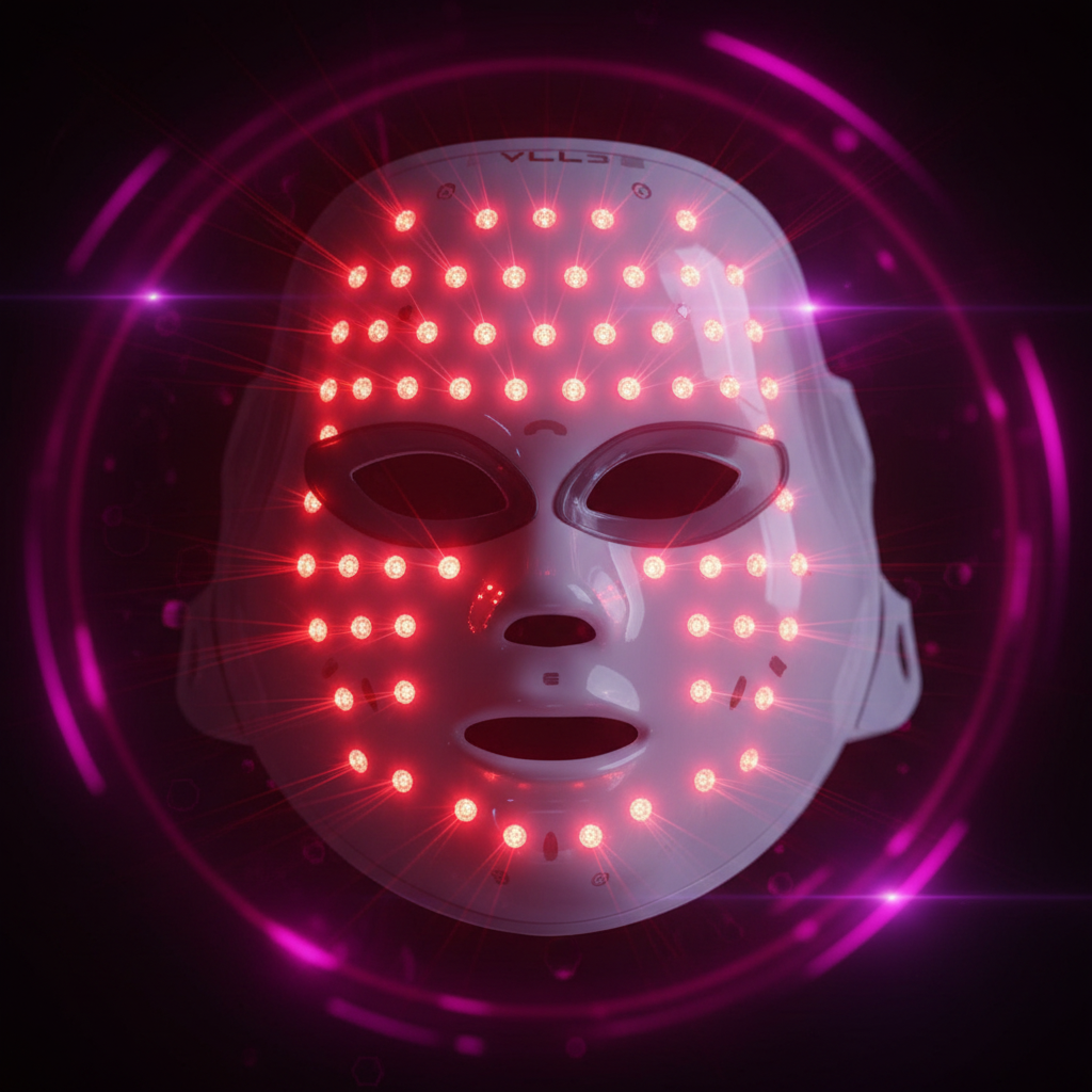 LED Face Mask glowing with red and pink light on dark background