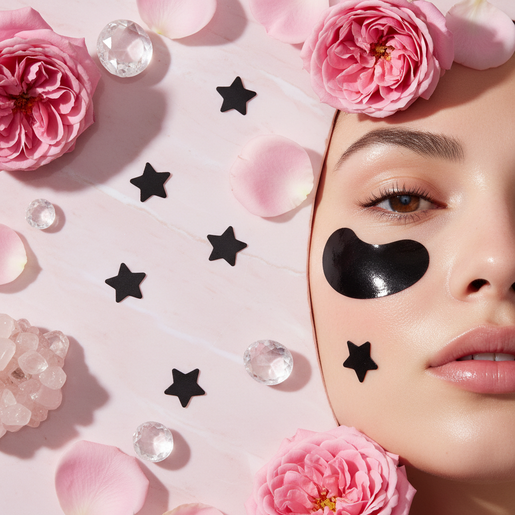 Black star pimple patches on glowing skin with rose petals