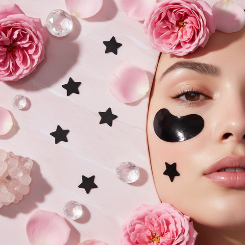 Black star pimple patches on glowing skin with rose petals