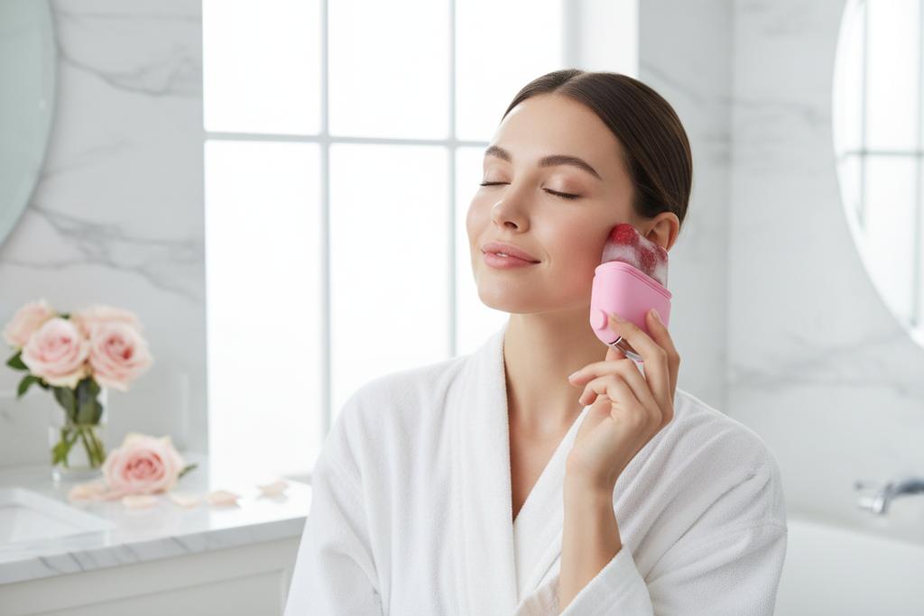 2-in-1 Ice Facial Roller & Gua Sha - In Use - Aura Luna