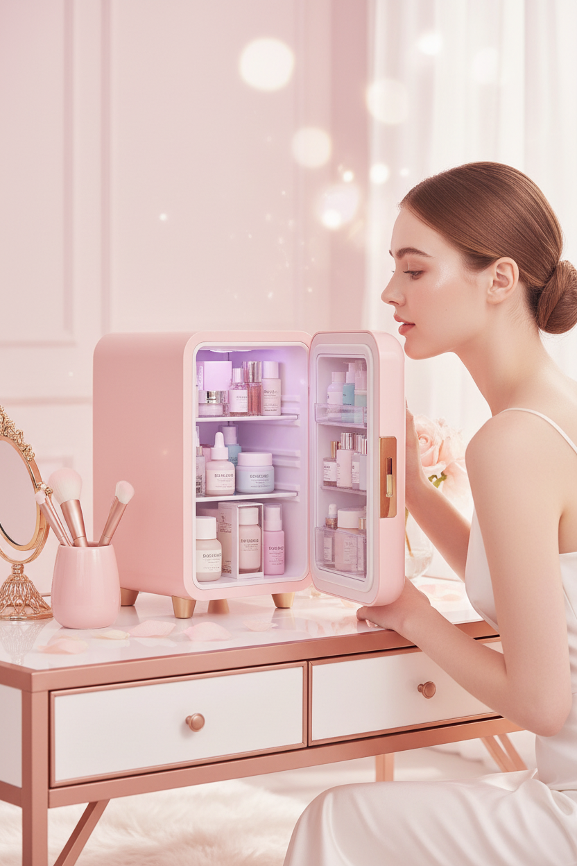 Woman reaching into pink skincare fridge on her vanity