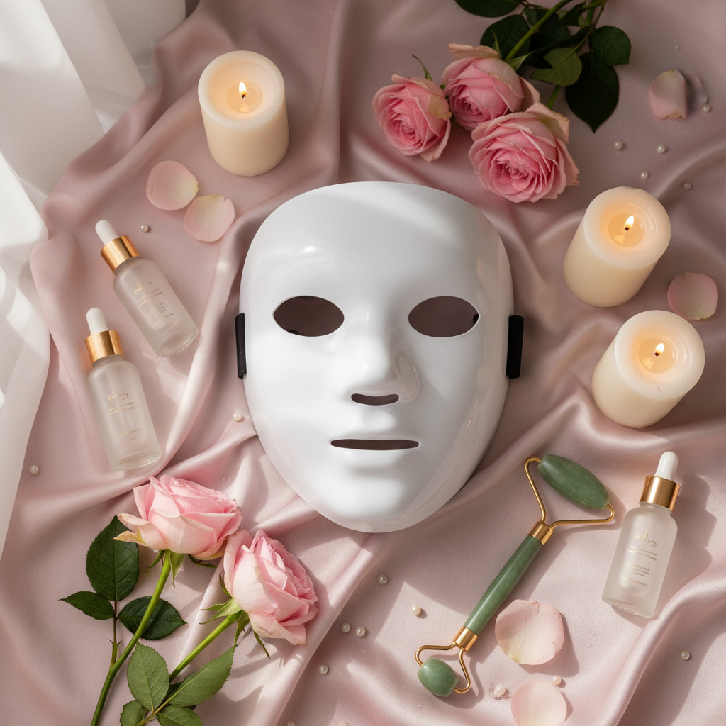 LED Face Mask flat lay with roses and skincare on blush silk