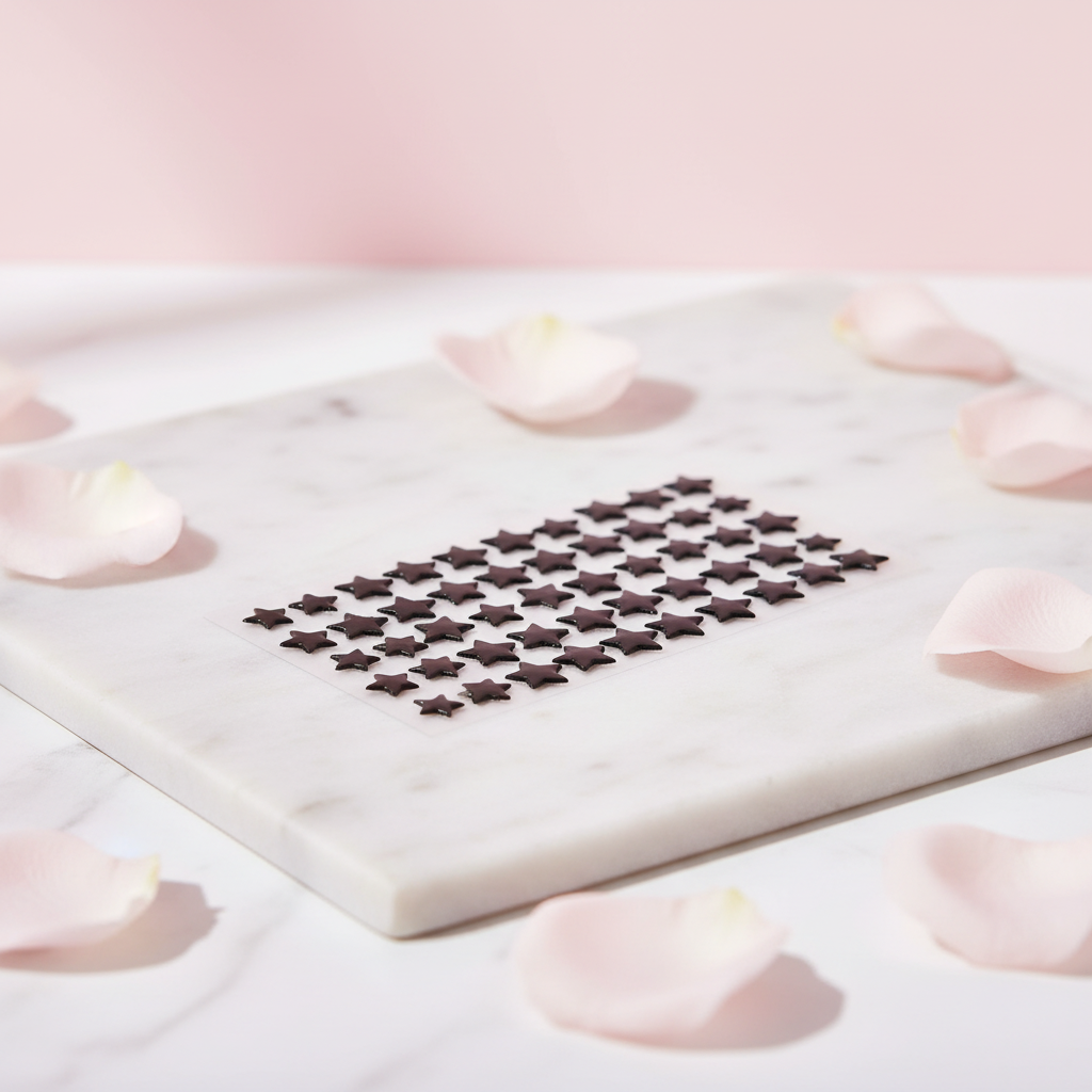 Black star pimple patches sheet on pink marble with rose petals