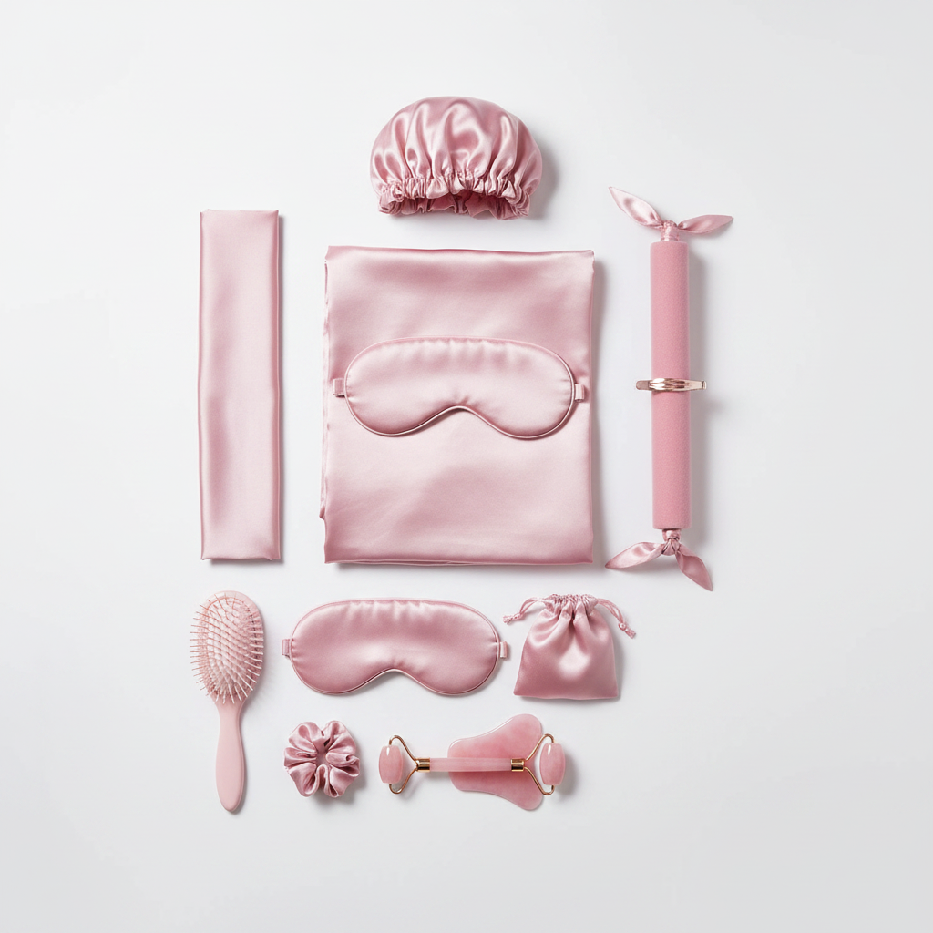 Luxury silk self-care bundle full pink set flat lay