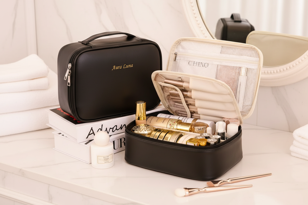 Luxury Travel Makeup Organizer - Black Bathroom - Aura Luna