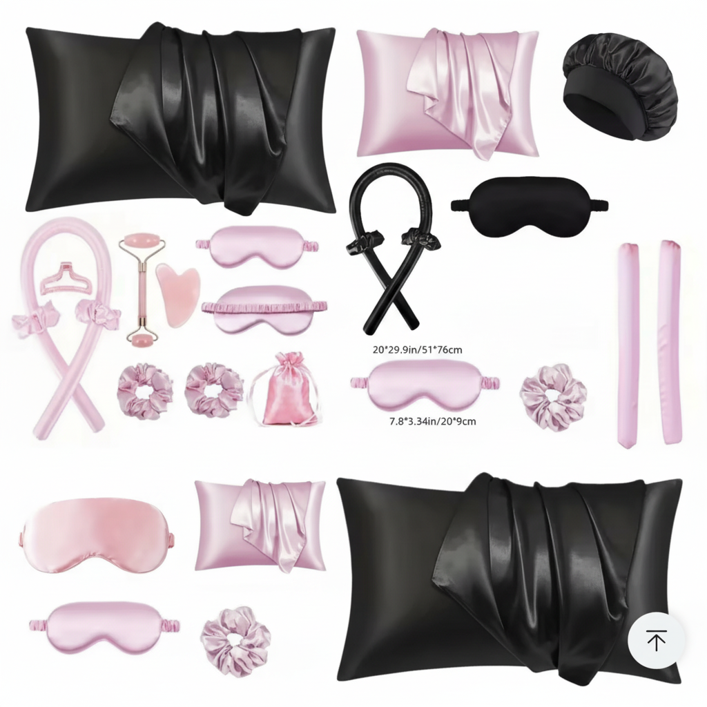 Luxury silk self-care bundle full black set flat lay