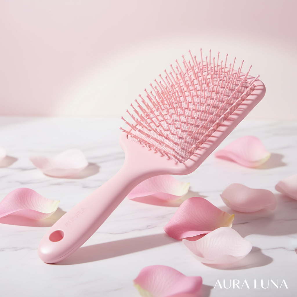 Pink detangling paddle hair brush close-up