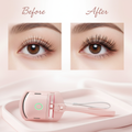 Before and after results using pink electric heated eyelash curler