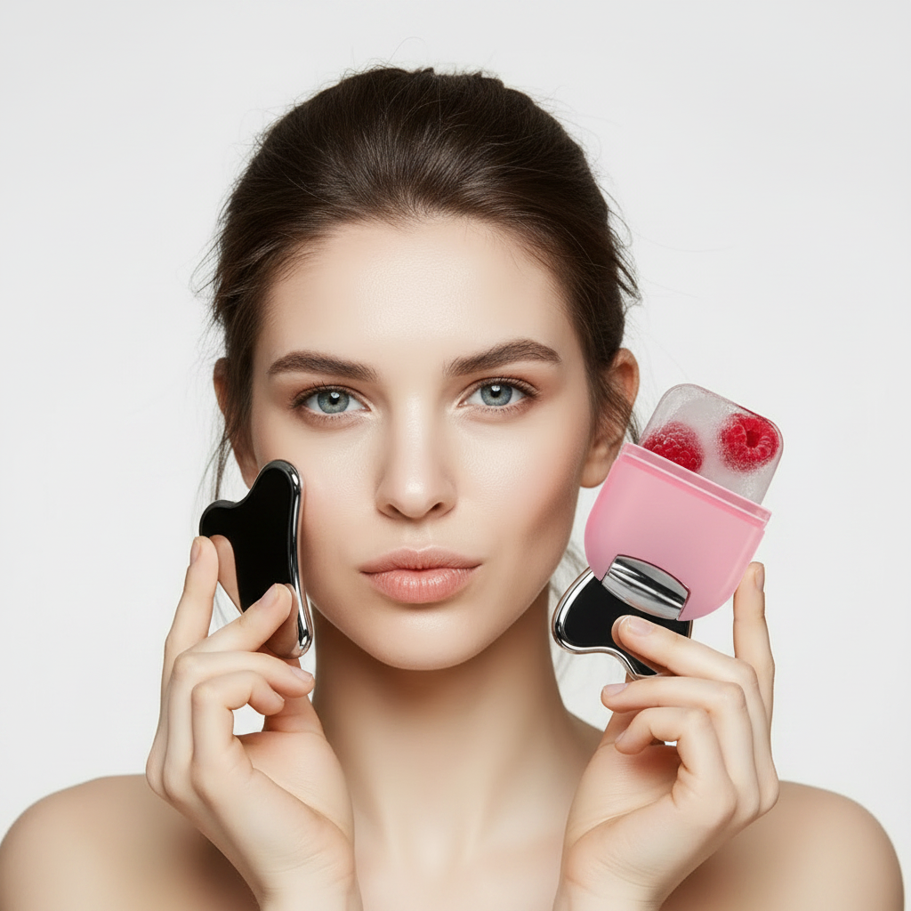 2-in-1 Ice Facial Roller with Gua Sha - Lifestyle shot with model
