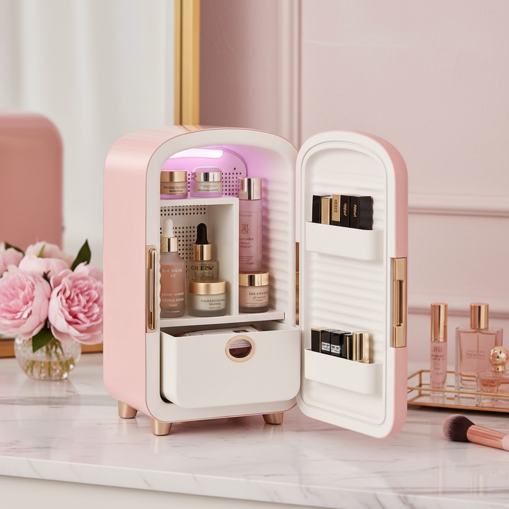 Pink skincare fridge open showing organized interior with serums and lipsticks
