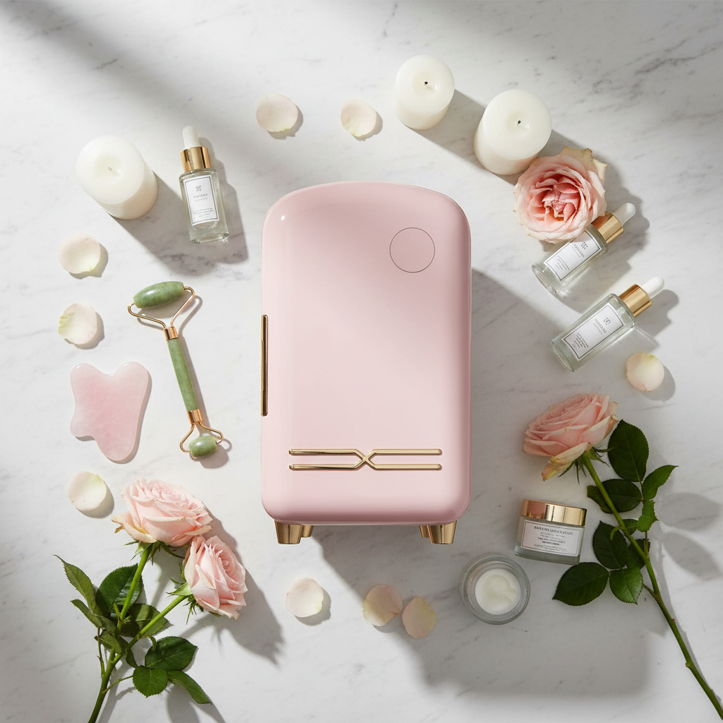 Pink skincare fridge flat lay with jade roller, roses and skincare on marble