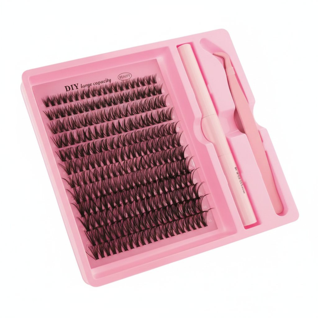 DIY eyelash cluster kit in pink tray with black lash clusters, bond, seal and tweezers