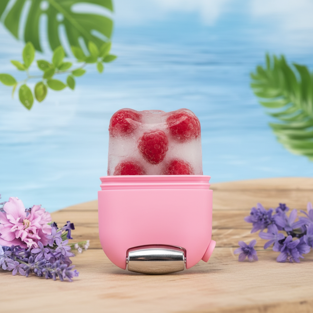 2-in-1 Ice Facial Roller with Gua Sha - Pink with raspberries and flowers
