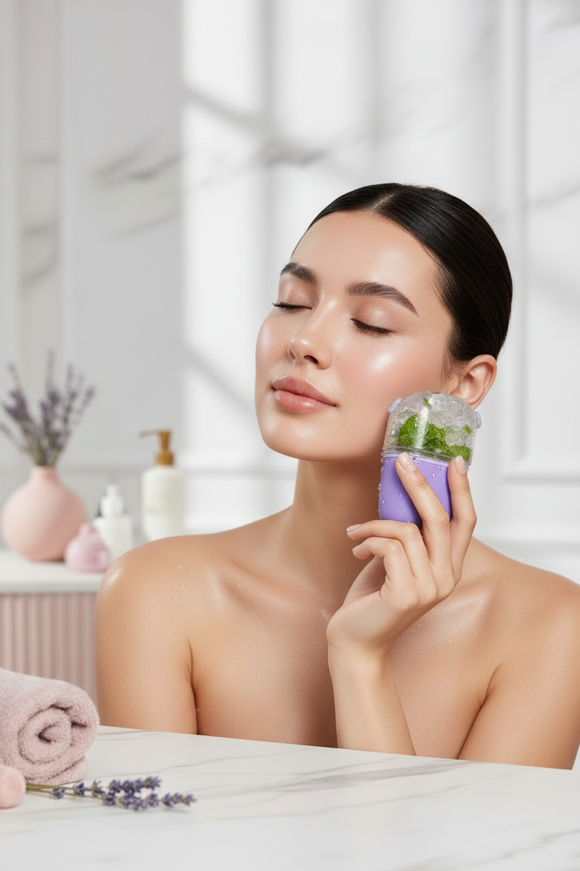 Woman using purple 2-in-1 ice facial roller with open herb chamber