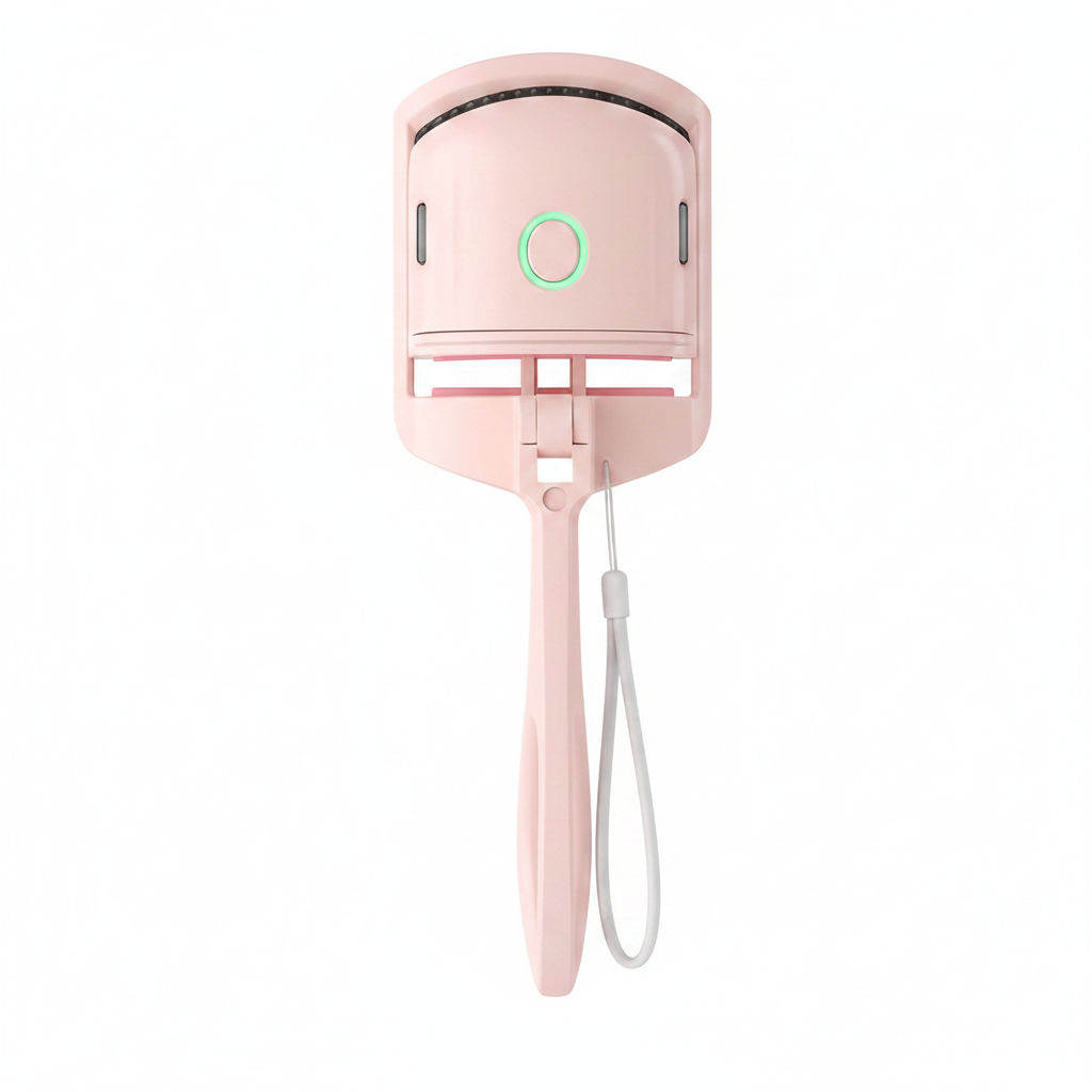 Pink electric heated eyelash curler with loop handle on white background