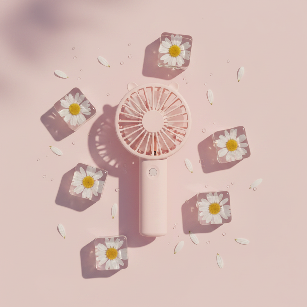 Pink Mini Fan - White Daisy Ice Flatlay