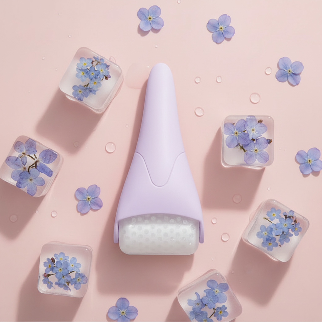 Purple Facial Roller - Blue Flower Ice Flatlay