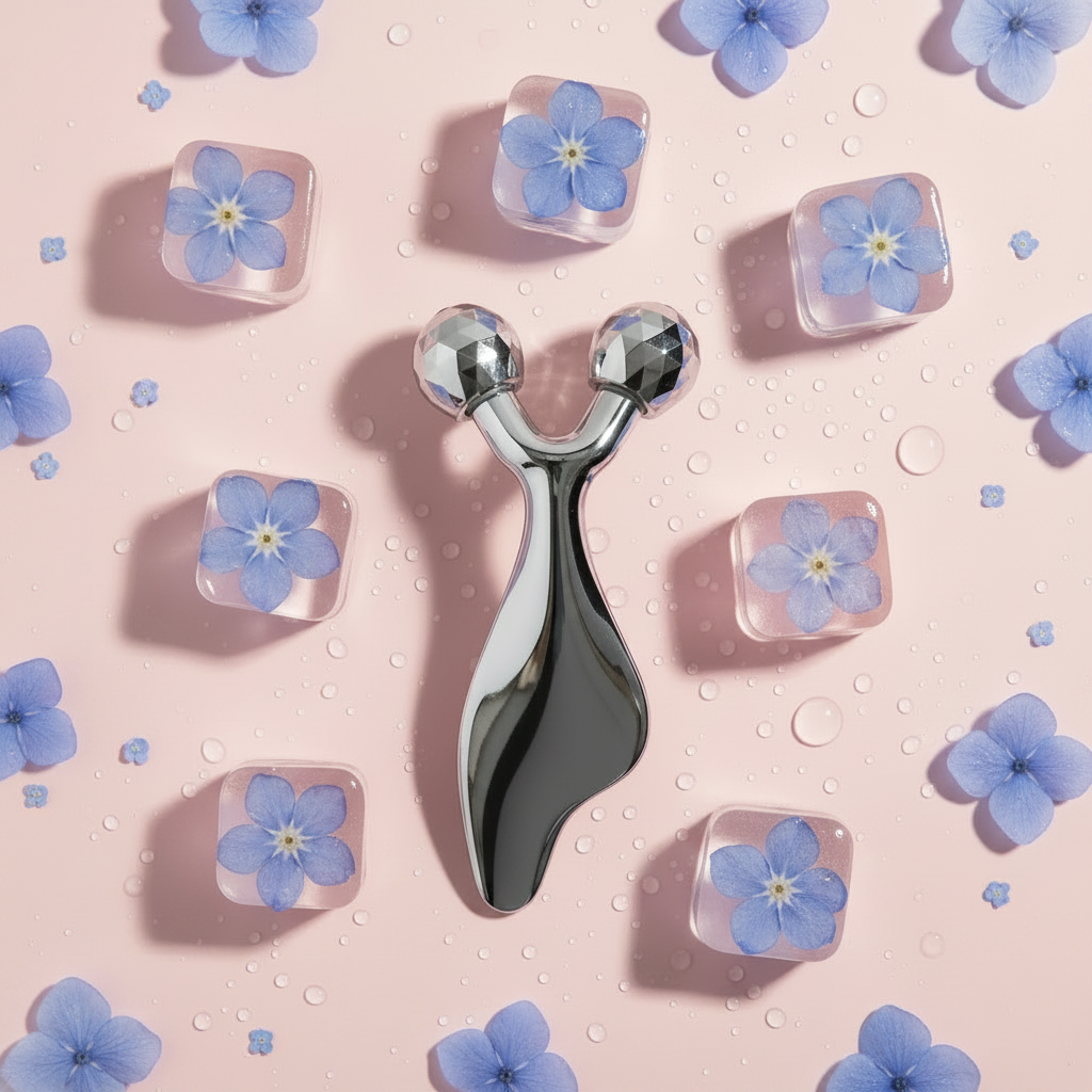 Radiant Glow Facial Roller - Blue Flower Ice Flatlay