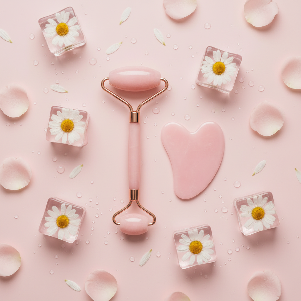 Roller & Gua Sha Duo - Pink Daisy Flatlay