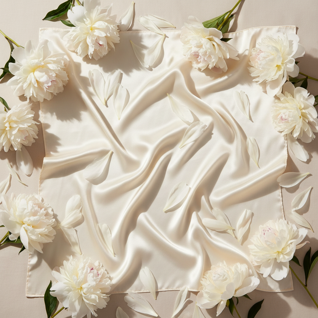 Silk Pillowcase - Cream with White Peonies Flatlay