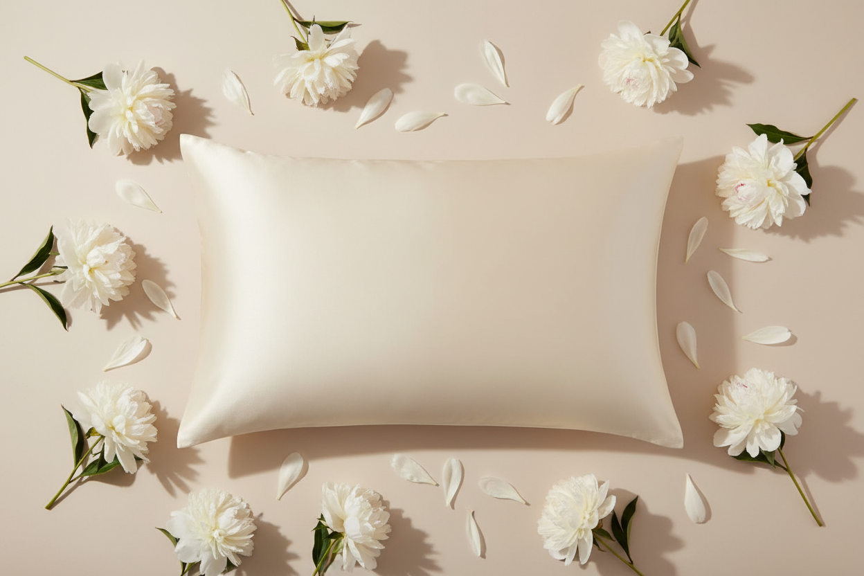 Silk Pillowcase - Full Size Cream with White Peonies Flatlay