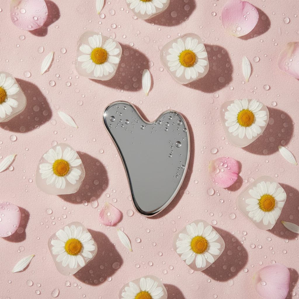 Steel Gua Sha - Pink Daisy Flatlay