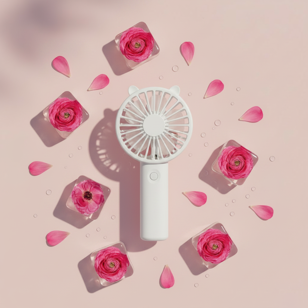 White Mini Fan - Pink Flower Ice Flatlay